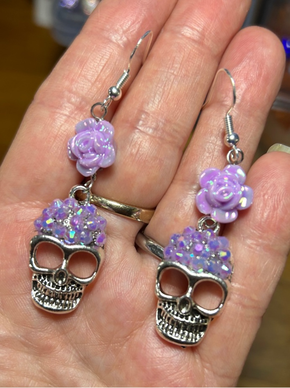 3/$25 Silver Skull Earrings with Purple Floral Accents